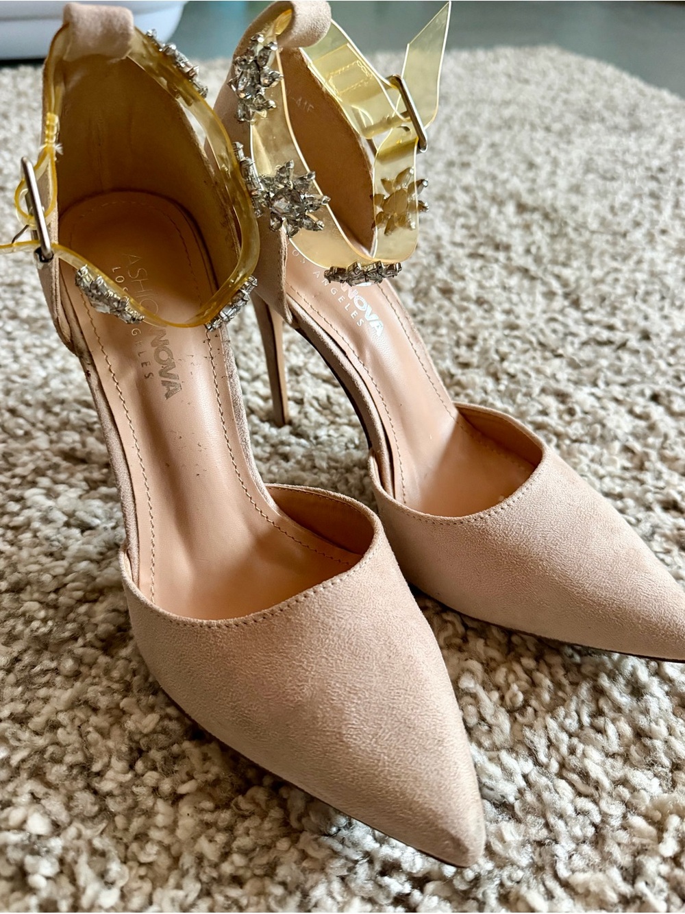FashionNova Nude Pointed Toe Ankle Strap Heels